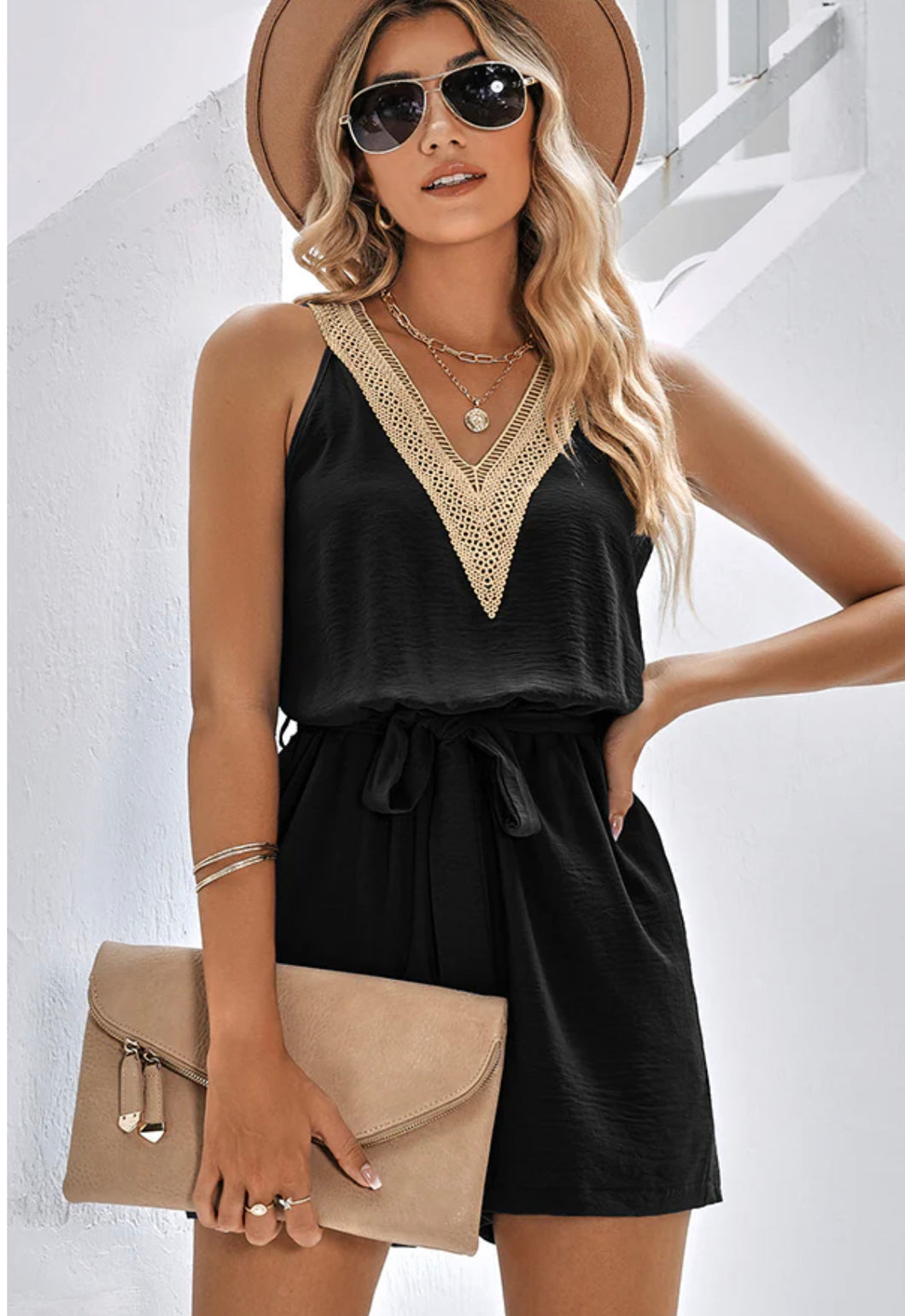 V Neck Lace Design Black Romper