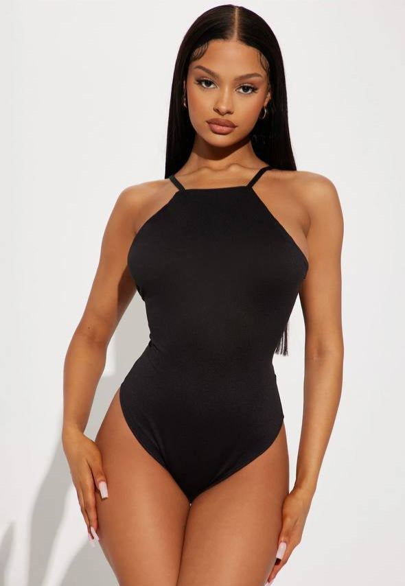 Hallie Hight Neck Bodysuit - Black&Aqua